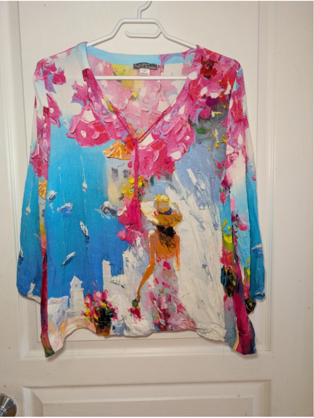 798 - Dolcezza Women's Floral Print Blouse Size M Blue Pink